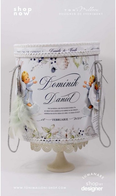Trusou botez cu ingeri si flori de bumbac personalizat pentru baieti Ingerul Albastru 7